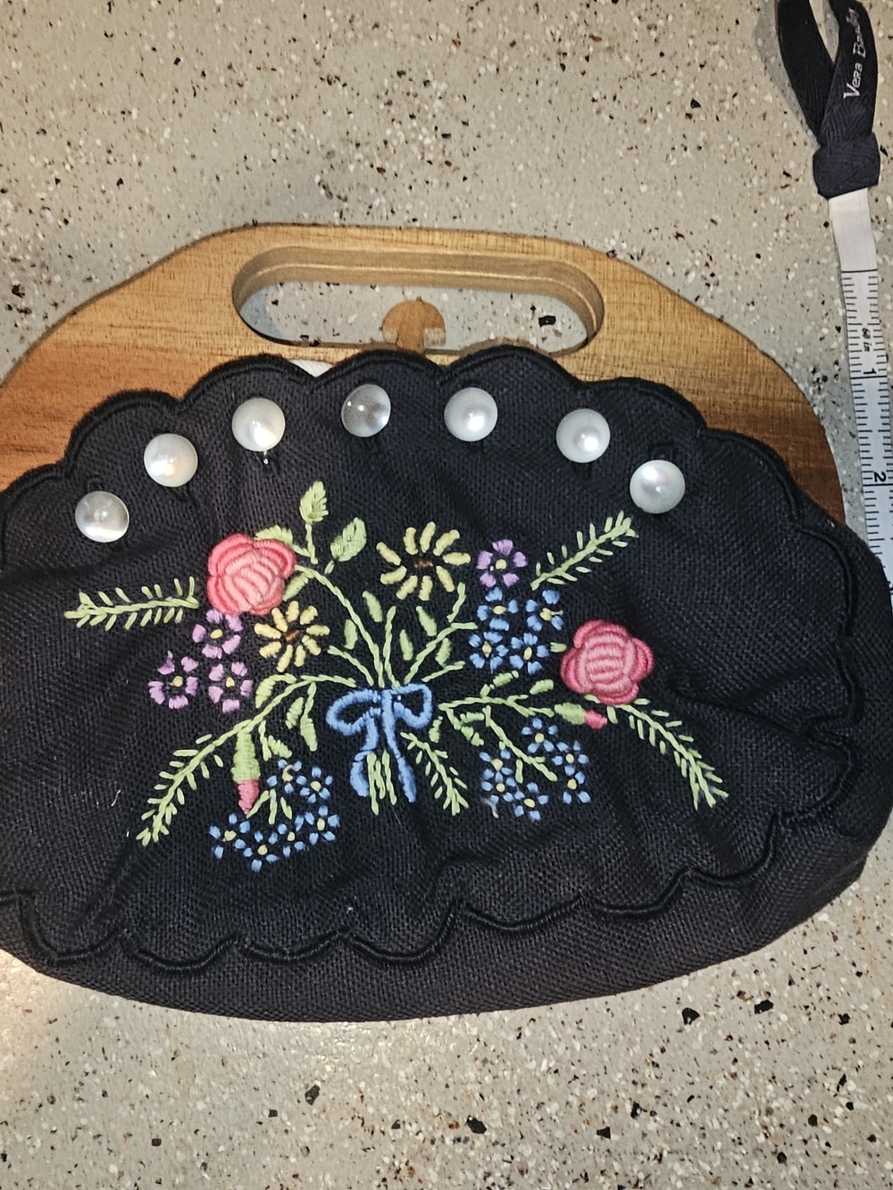 Black Floral Embroidered Kids Handbag with Wooden Handles